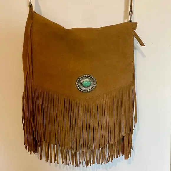 Ten79LA Ricky Suede Tan Crossbody Bag Fringe Western Native Inspired - Picture 4 of 15